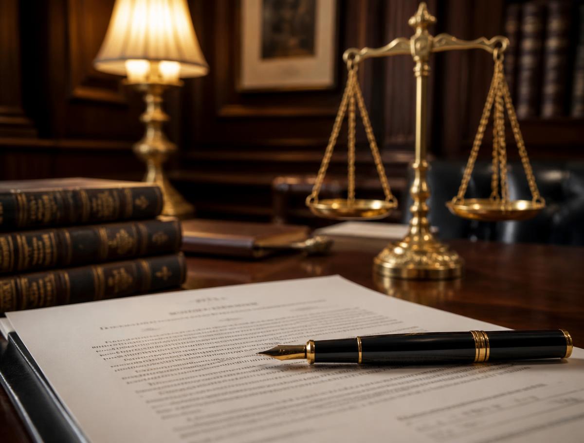 Documento jurídico sobre mesa de escritório com caneta e balança da justiça