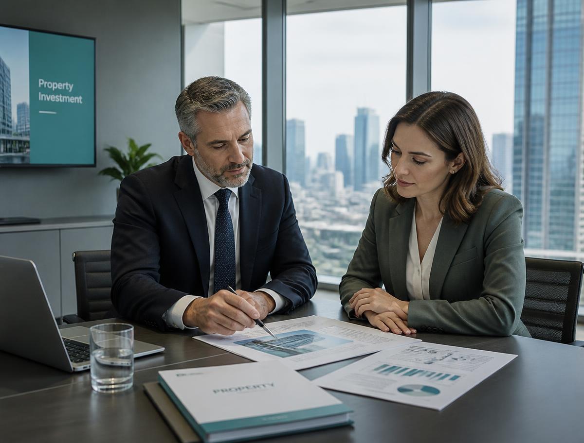 Executivos analisando documentos e gráficos de investimento imobiliário em sala de reunião