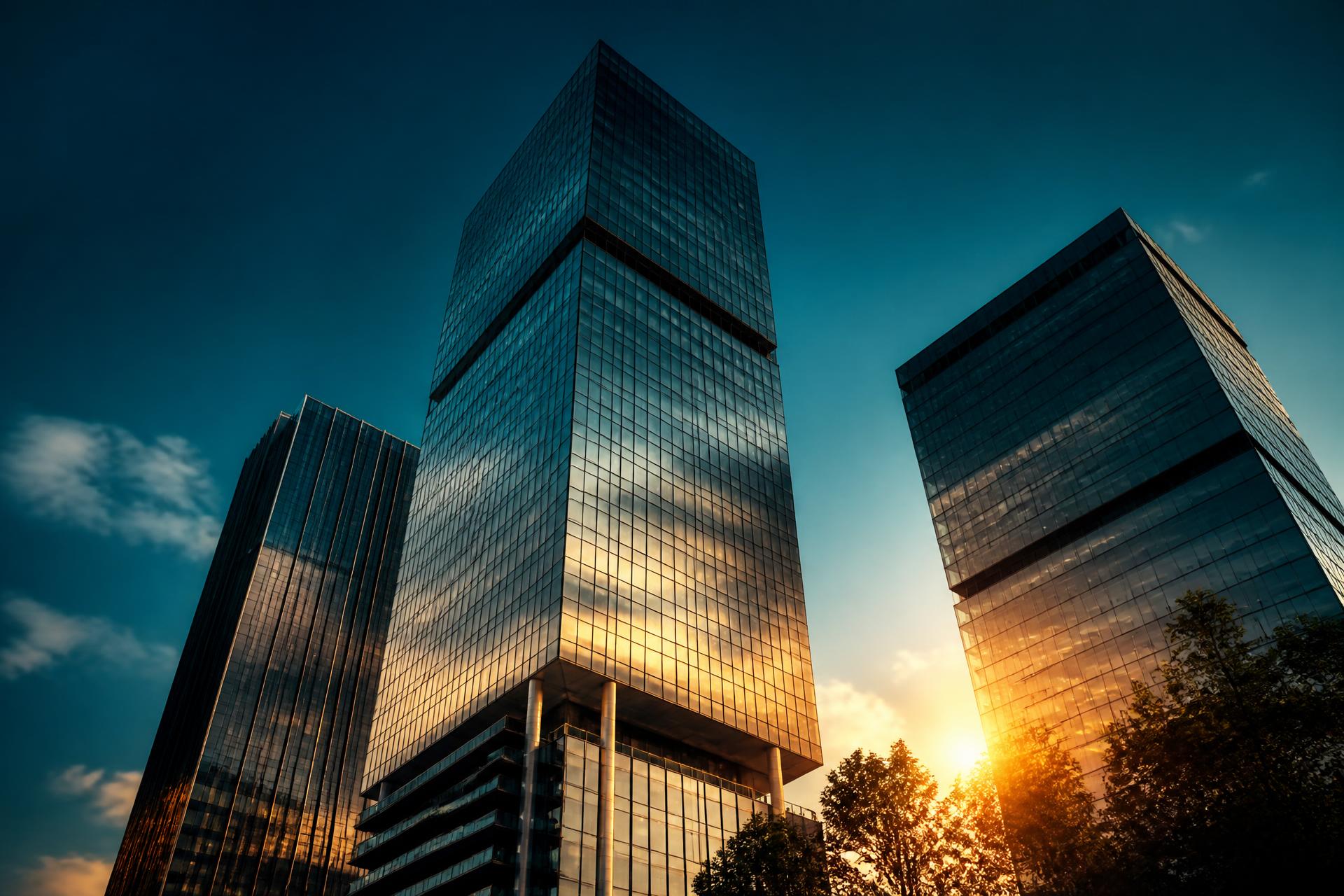 Edifícios comerciais modernos vistos de baixo ao entardecer